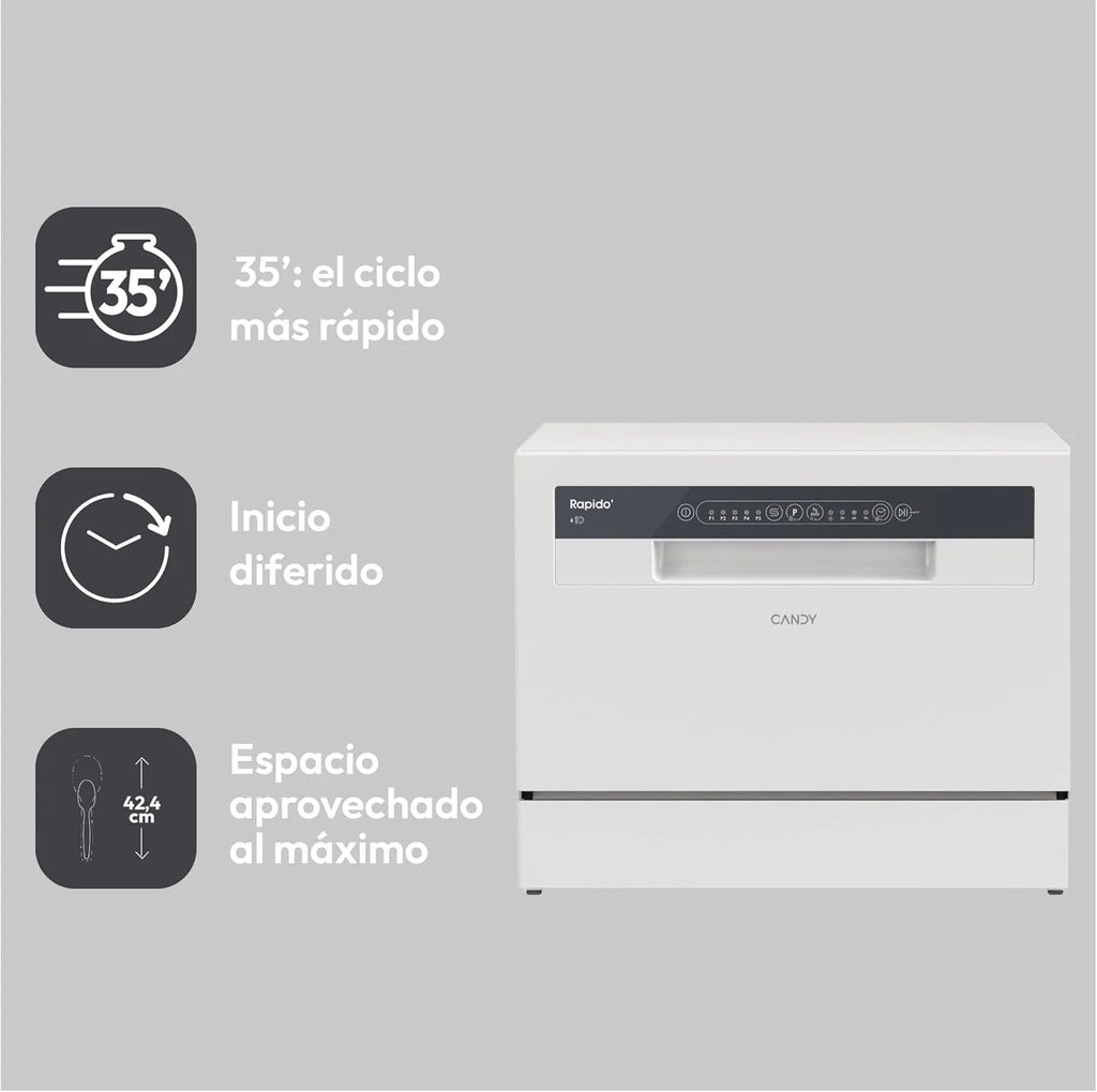 Candy CP 6E51LW Lavavajillas Pequeño y Compacto, 6 Servicios, Digital, 51DBA, 5 Ciclos, Media Carga, Inicio Diferido 3-6-9 horas, Indicador Sal y Abrillantador, Indicador Fin de Ciclo, Blanco