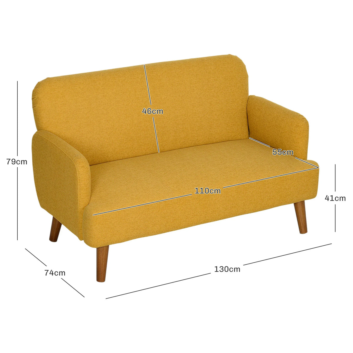 2-Sitzer-Sofa aus Samt, 21 cm dicke Polsterung und Holzbeine, gelb