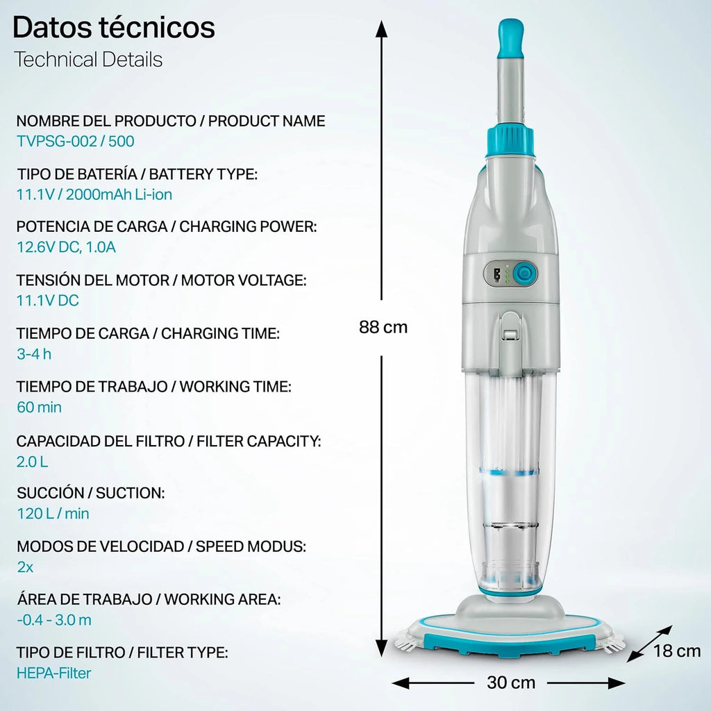 tillvex Limpiafondos Eléctrico de Piscina | Set Aspirador de Fondo Automático con Mango Telescópico | Aspiradora Inalámbrica de Limpieza con Filtro y 2 Velocidades