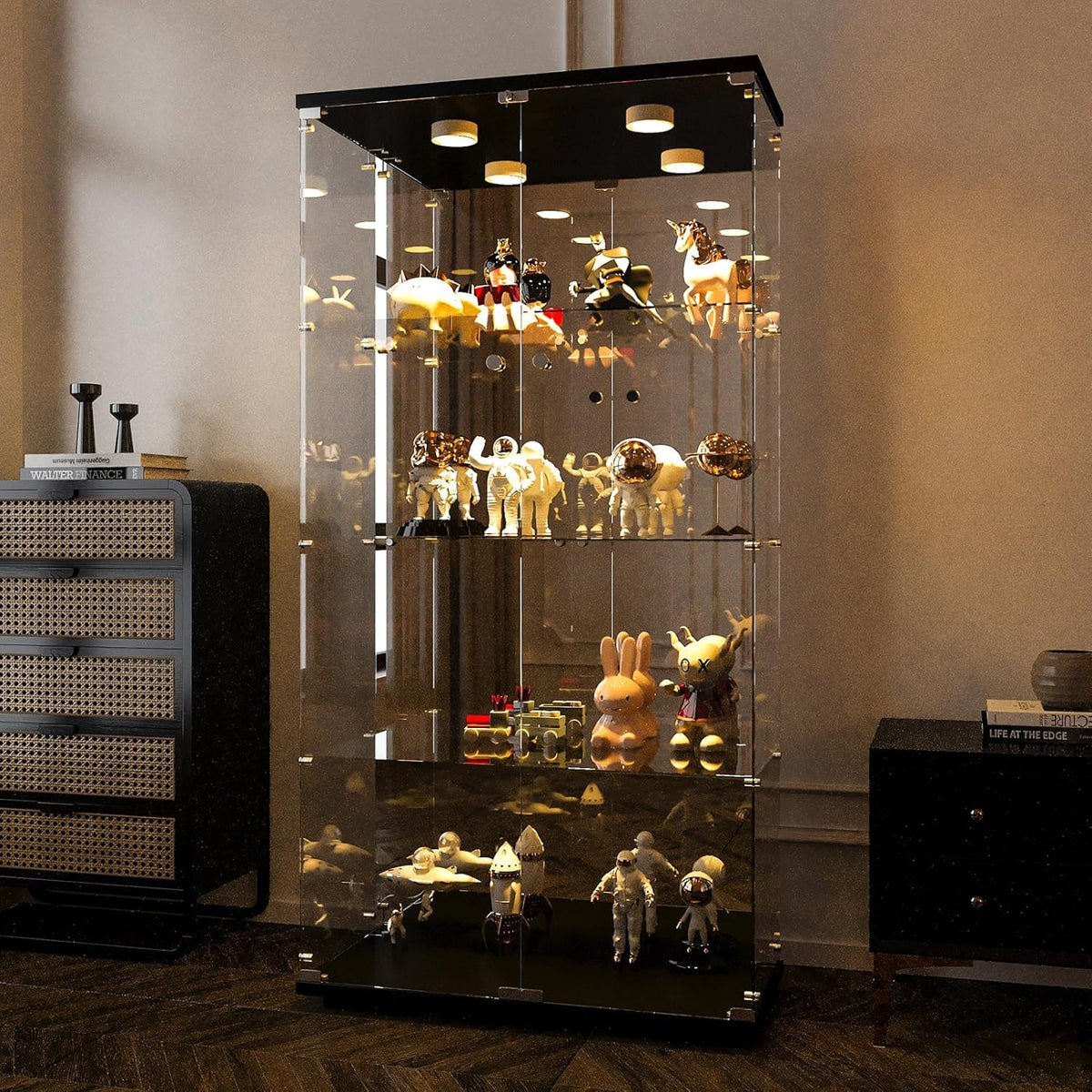 Vitrina Cristal Expositora con Luz, Puerta Cerradura, 4 estantes - Grande Vitrina de Colecciones,Vitrina de pie para Sala Oficina(Espalda Espejo)