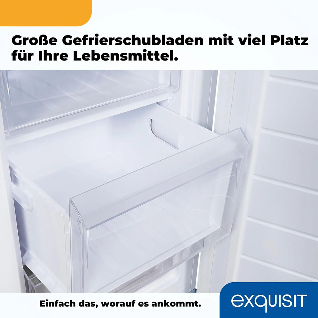 Exquisit congelador vertical, 87L, 4 estrellas, clase D, Color blanco, 3 cajones, método descongelación manual, termostato ajustable, puerta reversible, 40 db, consumo 132 kwh/año, 85,5x54,5x58 cm