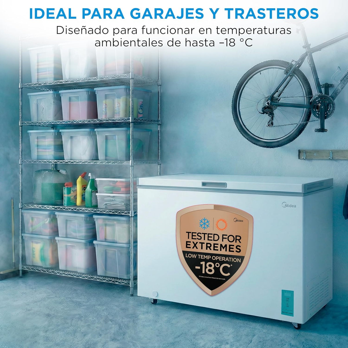 MIDEA Arcon Congelador Pequeño de 418L | Congelador Horizontal Convertible a Frigorífico con Motor Inverter, Control Electrónico de Temperatura, Cestas con Asa | Arcón Silencioso 41 db Bajo Consumo