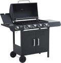 Outsunny Gas Barbecue with 4+1 Burners 14.4 KW Side Tables Storage Cabinet Thermometer and 2 Wheels Stainless Steel BBQ 125 x 51 x 100 cm Black