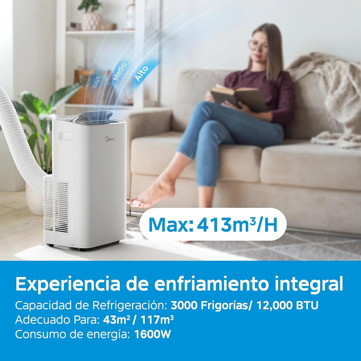 MIDEA Pingüino Aire Acondicionado Portátil 3 en 1 | 3000 Frigorías / 12000 BTU | Air conditioner Silencioso 43m2 - Deshumidificador Ventilador Climatizador 3500 W - 4 modalidades con kit de ventana