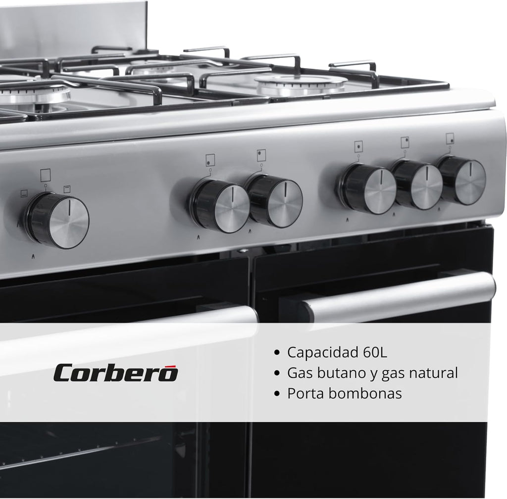Corbero - Cocina de gas butano 5 fuegos | CC510GB90X | 80x90x60 | Horno de 60L con puerta doble | Wok en medio| Encendido Manual | Cajón calientaplatos| Bandeja y parrilla cromados |Con tapa| Inox