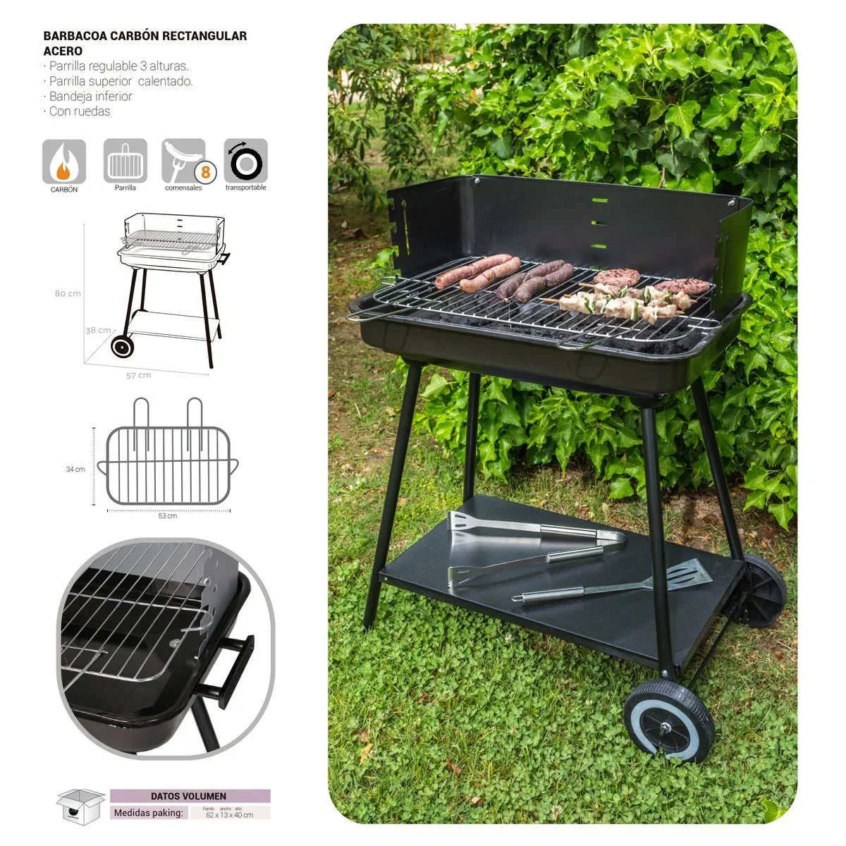 Barbacoa De Carbón Lolahome Con Parrilla De Acero, 57x38x80 Cm, Negra