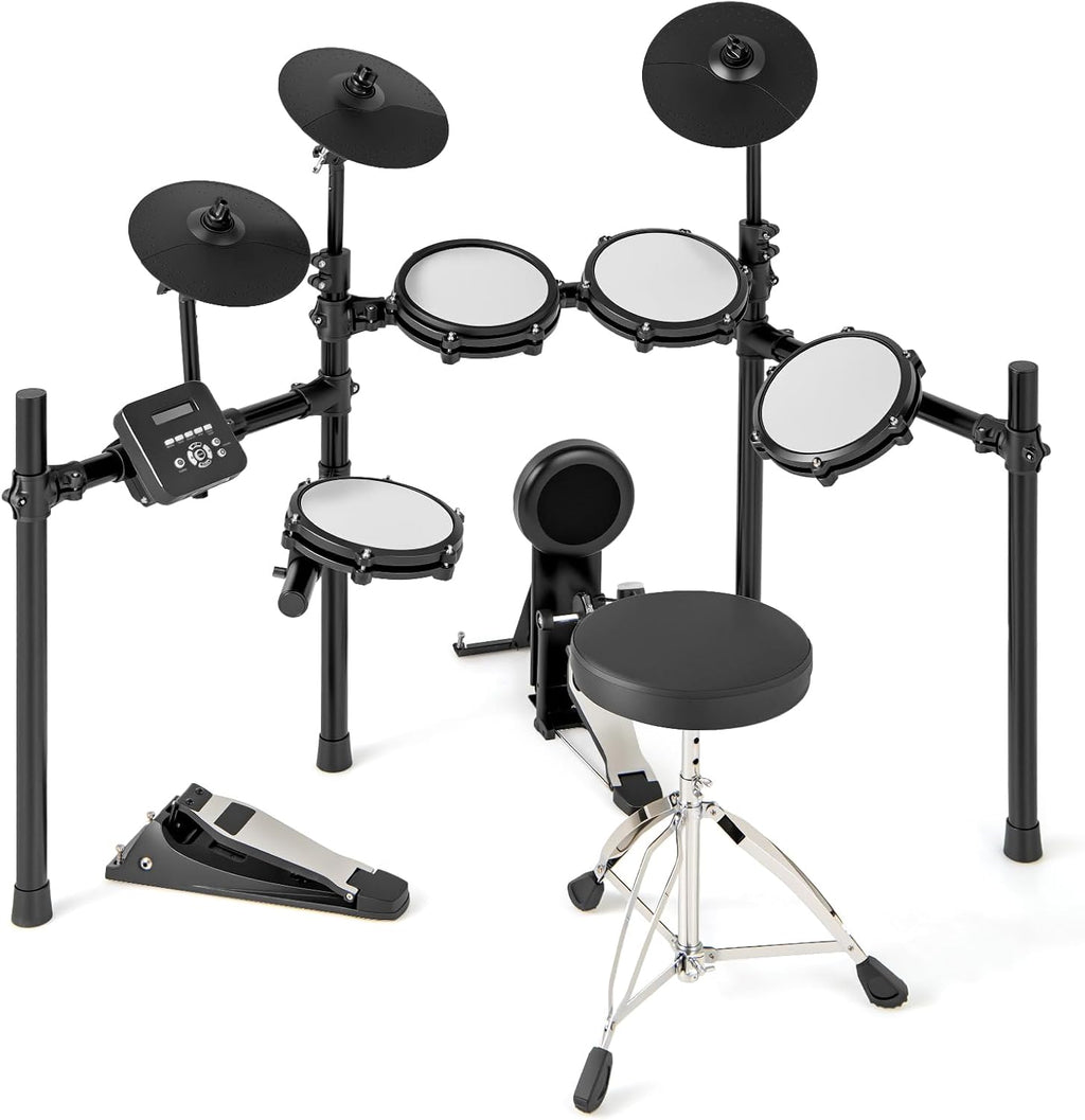 COSTWAY E-Drum-Set, faltbares Schlagzeug mit leisen Mesh-Pads, Becken, 225 Sounds und 30 Demos, Metronom und USB-MIDI, Bassdrum, 2 Schlagstöcke, verstellbarer Hocker, für Erwachsene und Kinder