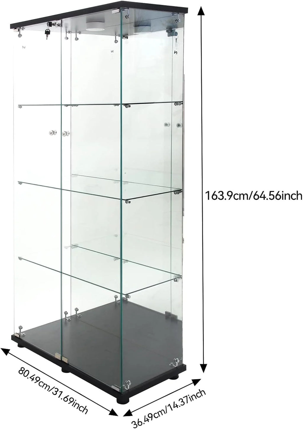 Vitrina Cristal Expositora con Luz, Puerta Cerradura, 4 estantes - Grande Vitrina de Colecciones,Vitrina de pie para Sala Oficina(Espalda Espejo)