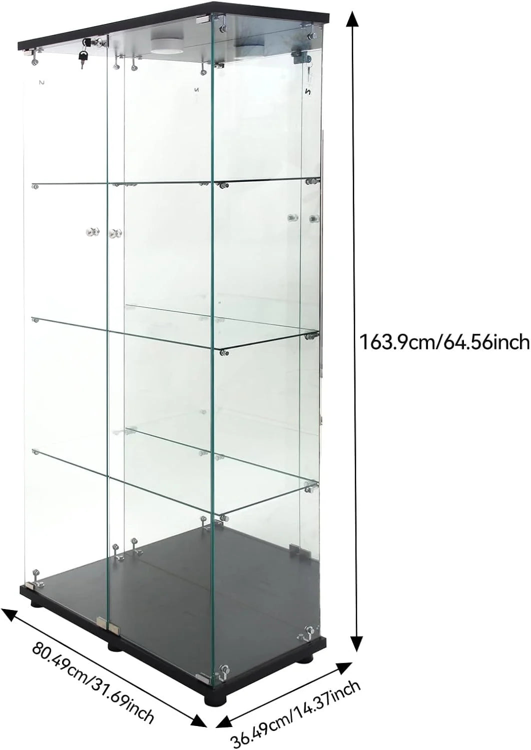 Vitrina Cristal Expositora con Luz, Puerta Cerradura, 4 estantes - Grande Vitrina de Colecciones,Vitrina de pie para Sala Oficina(Espalda Espejo)