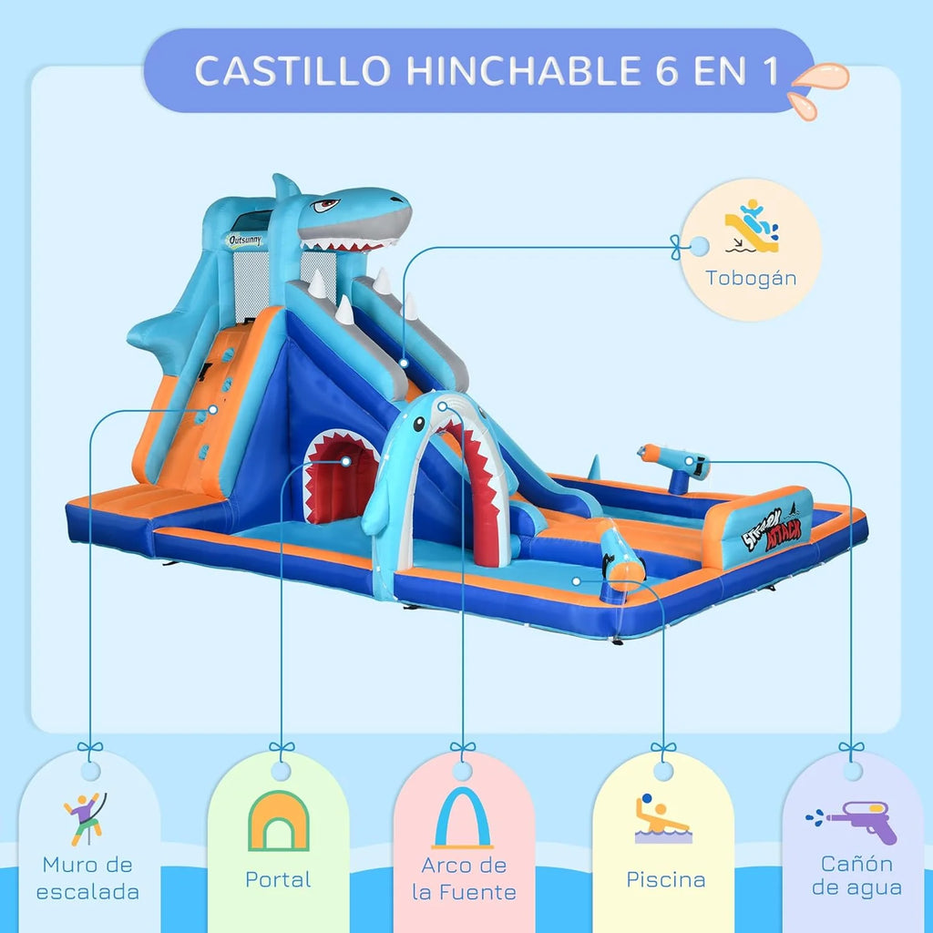 Outsunny Children's Inflatable Castle 6 in 1 Inflatable Castle for Children with Slide Pool Climbing Wall Water Cannon and Shark Themed Carry Bag 440x350x240cm Multicolor
