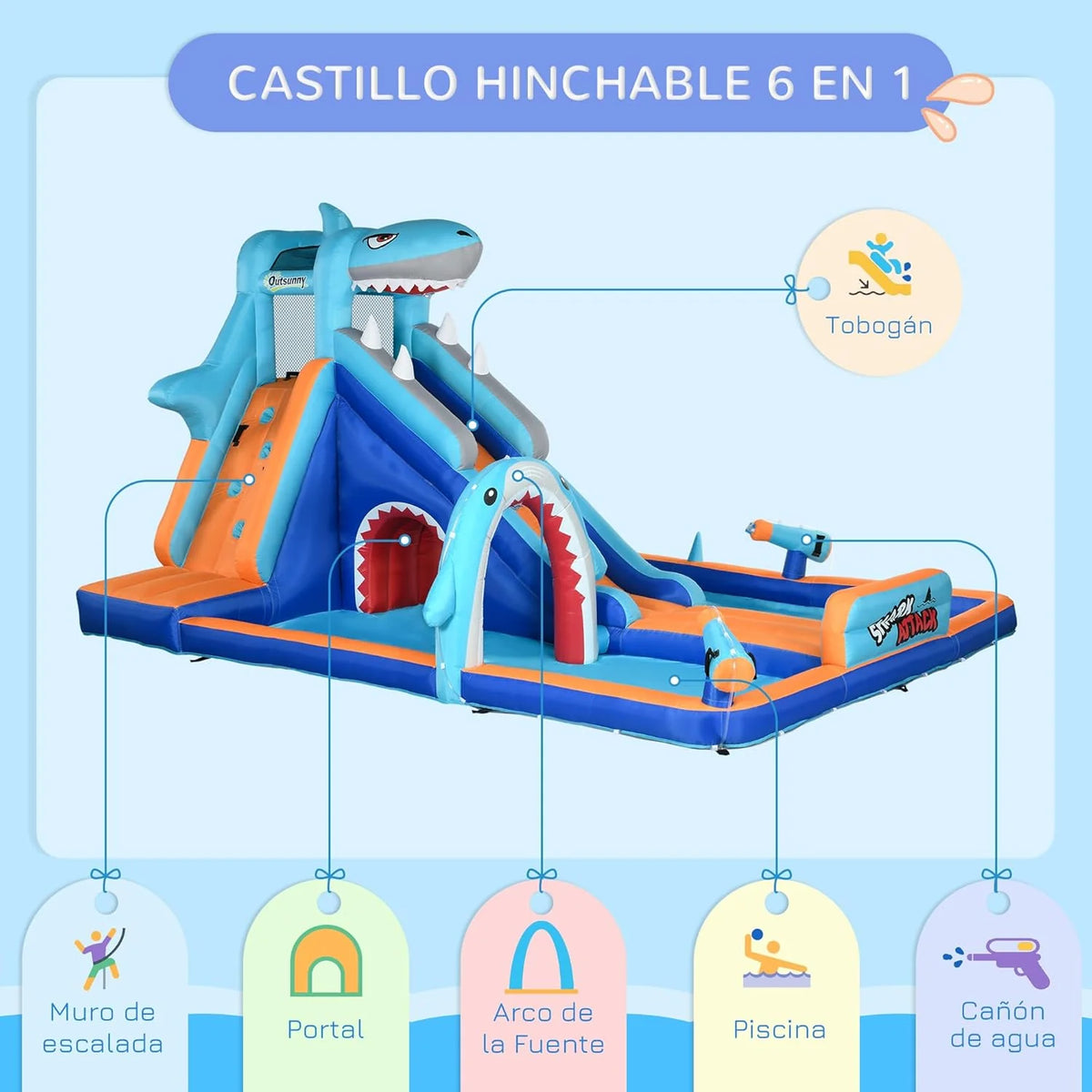 Outsunny Children's Inflatable Castle 6 in 1 Inflatable Castle for Children with Slide Pool Climbing Wall Water Cannon and Shark Themed Carry Bag 440x350x240cm Multicolor