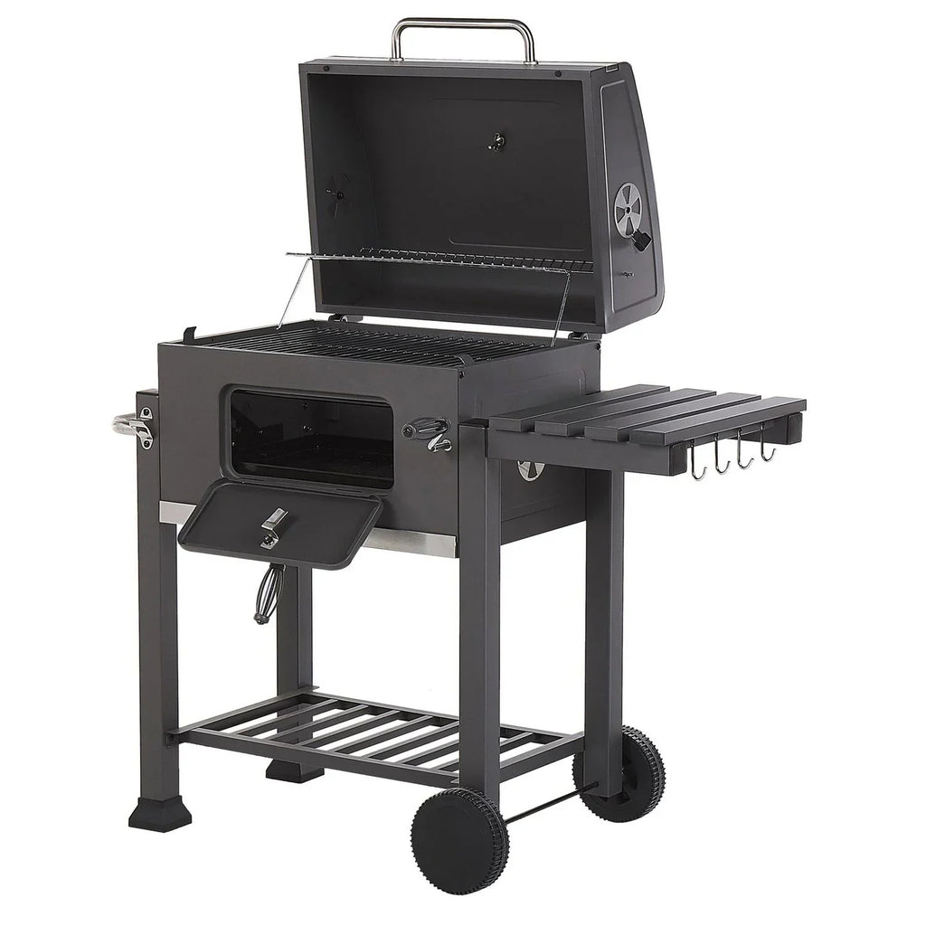 Barbacoa De Carbón Parrilla De Acero Gris Con Tapa Rejilla Ruedas 2 Estantes Termómetro Cenicero Extraíble Jardín Pavlof - Gris