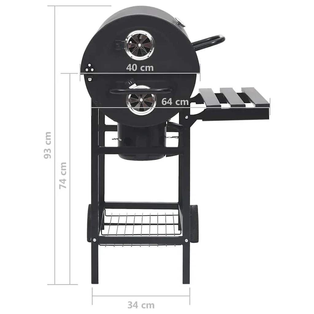 2026 Barbacoa con ruedas y estantes, negra, acero, 115 x 85 x 95 cm, barbacoa exterior