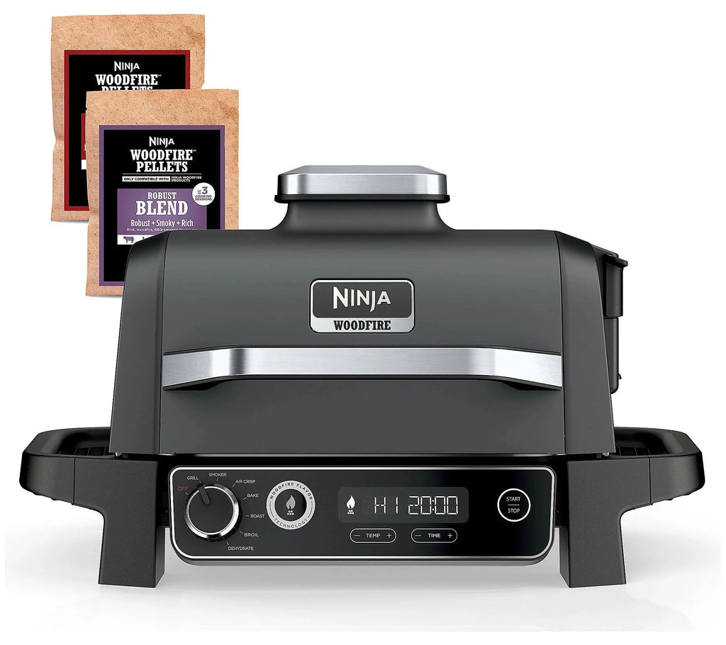 2025 Parrilla eléctrica exterior Ninja Woodfire 7 en 1 con función de ahumador y freidora de aire caliente – Gris