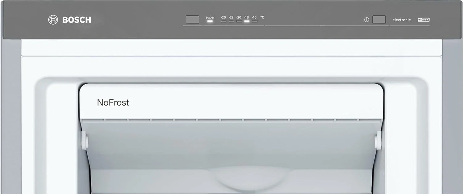 Bosch - Congelador Vertical NoFrost, Serie 4, alto 186 x ancho 60 cm, 242 L, Cajones BigBox para alimentos grandes, Sistema Multiairflow, Acero, GSN29VIEP