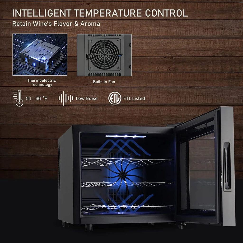 2025 Nevera para vino JINJUNYE, enfriador compacto para 12 botellas, mini bodega de mostrador con control de temperatura, nevera para vino independiente con puerta de vidrio para el hogar, oficina, bar, regalo para hombres