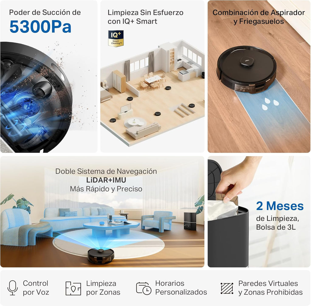 Tapo RV30 MAX Plus Roboterstaubsauger, 5300 Pa Ultra-Saugleistung mit Wischfunktion, 3L selbstentleerende Station, fortschrittliche LiDAR+IMU-Navigation, Sprach- und App-Steuerung, Schwarz
