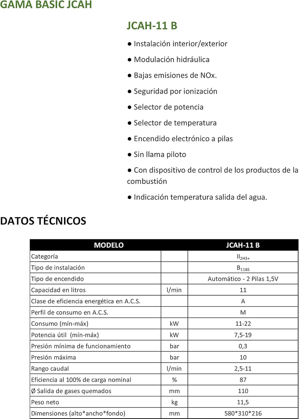 Calentador Atmosférico Butano 11Litros | Calentador de Agua a Gas Butano con Tiro Natural | Bajo NOx | Encendido Automático | JUNTEK