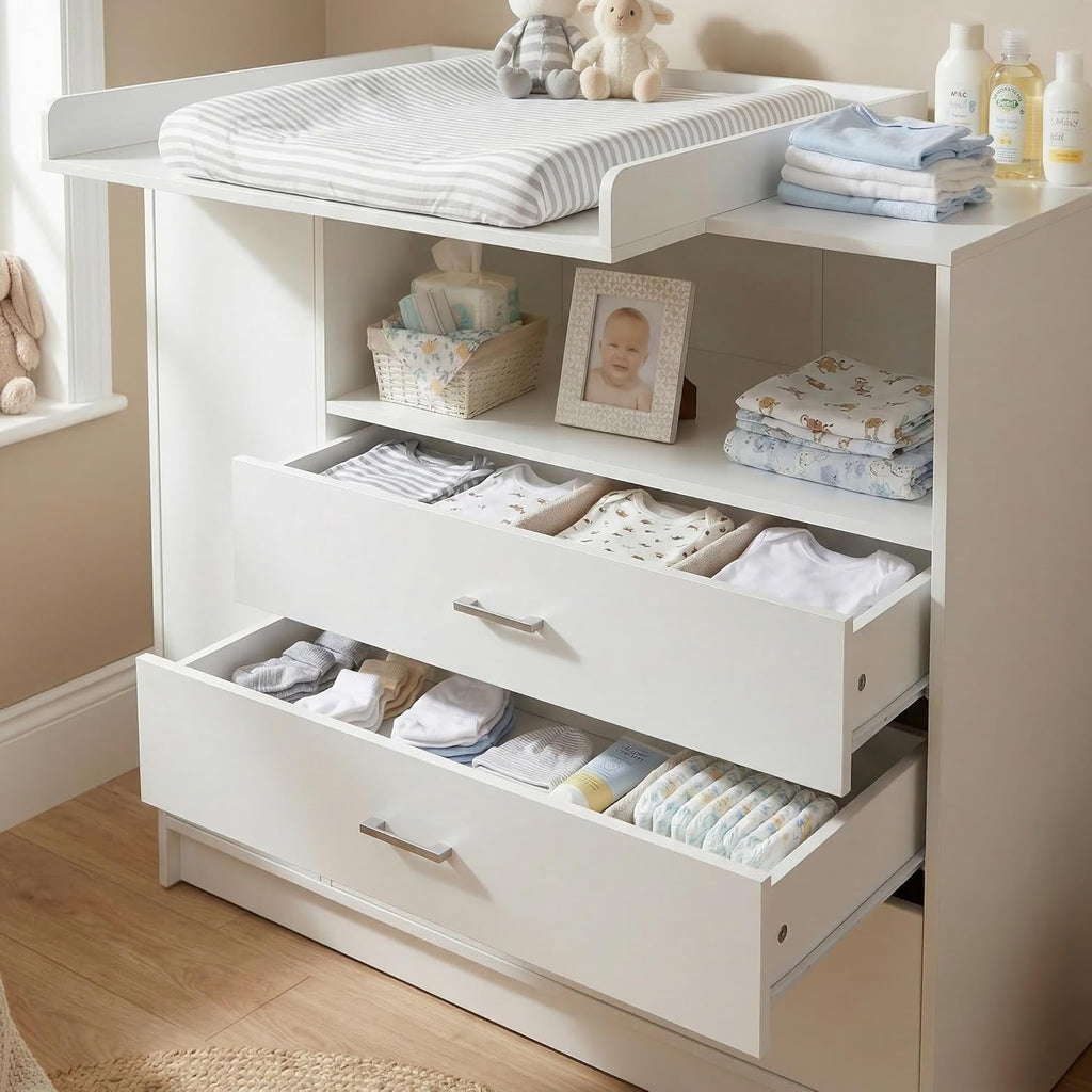 ecomi Cómoda Cambiador para bebé en Madera con Plan de Cambiar, 3 cajones, 1 puerta, Altura 100 cm, Color Blanco, Dimensiones 113x100 cm, tiradores cromados