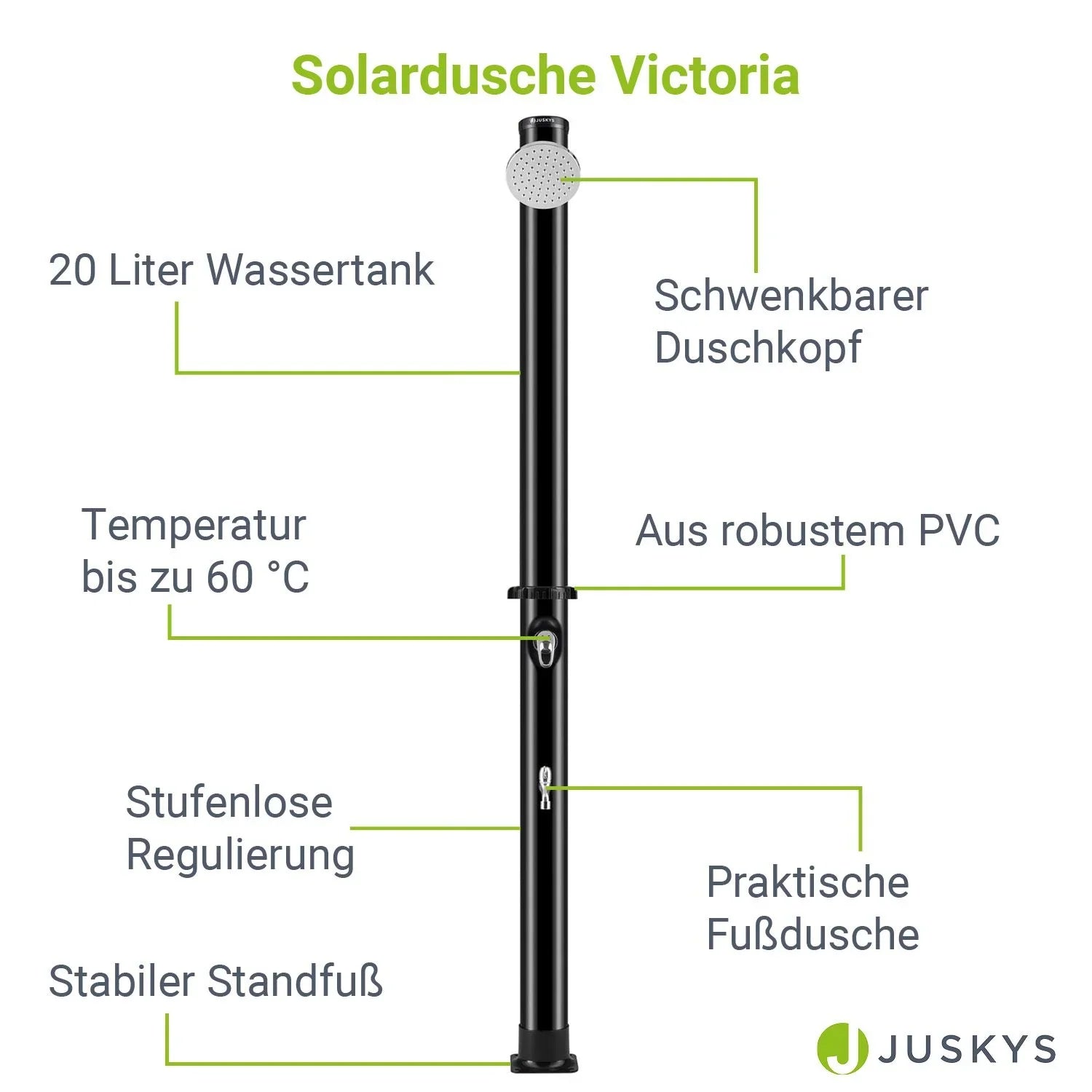 2025 Ducha Solar de Jardín Victoria 20 L Negra con Rociador Lluvia, Regulador de Temperatura y Ducha para Pies