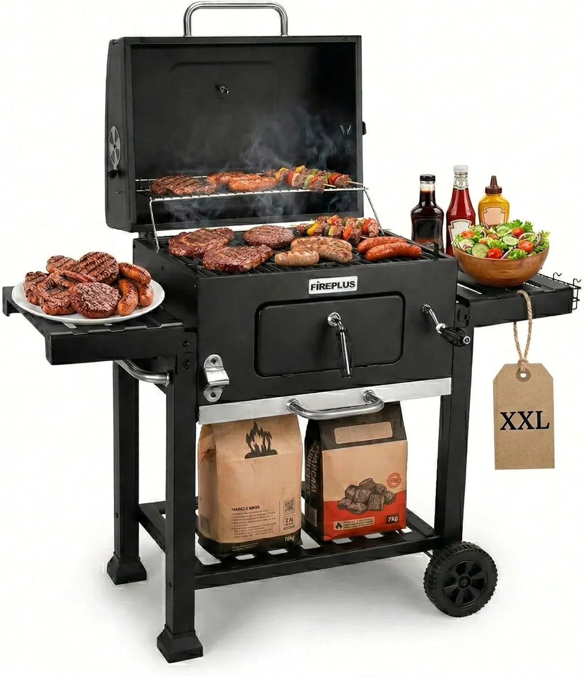 Amig - Fireplus Charcoal BBQ XXL - Steel Grill 57x42cm - With Wheels and Side Trays - Large Transportable Rotisserie - Ash Tank - 131x116.5x56cm