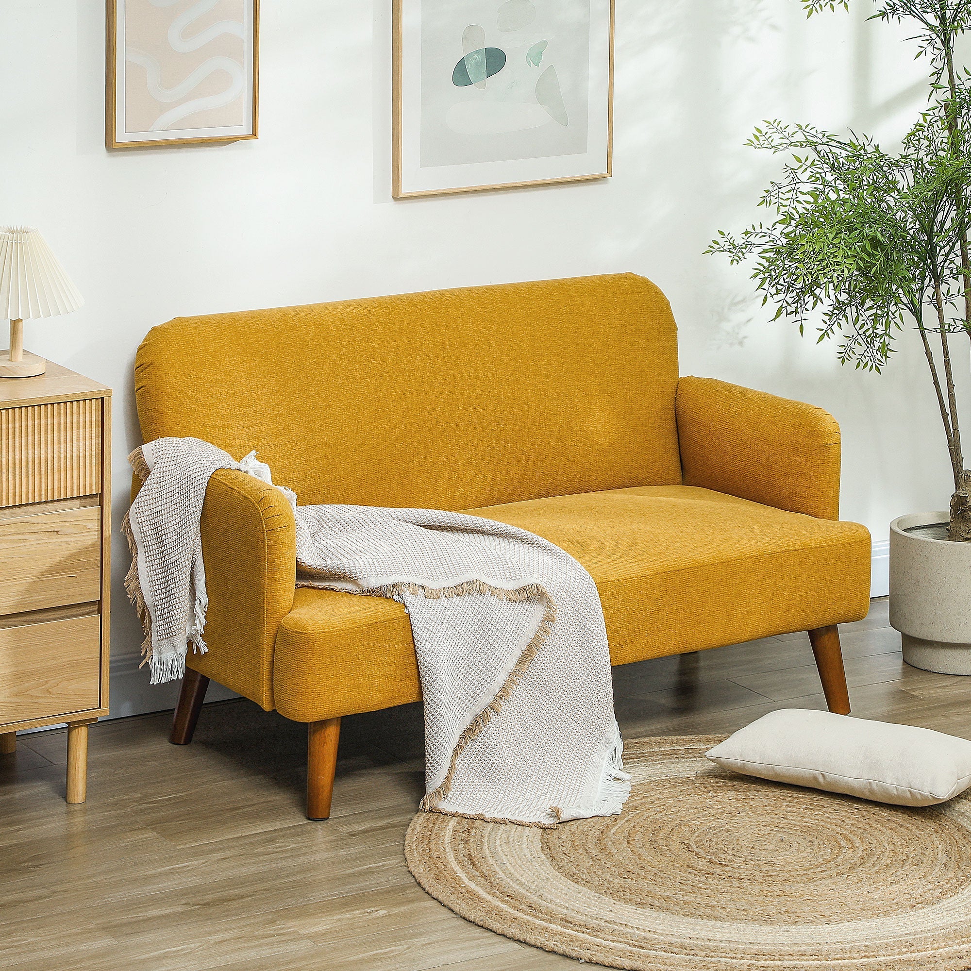 2-Sitzer-Sofa aus Samt, 21 cm dicke Polsterung und Holzbeine, gelb