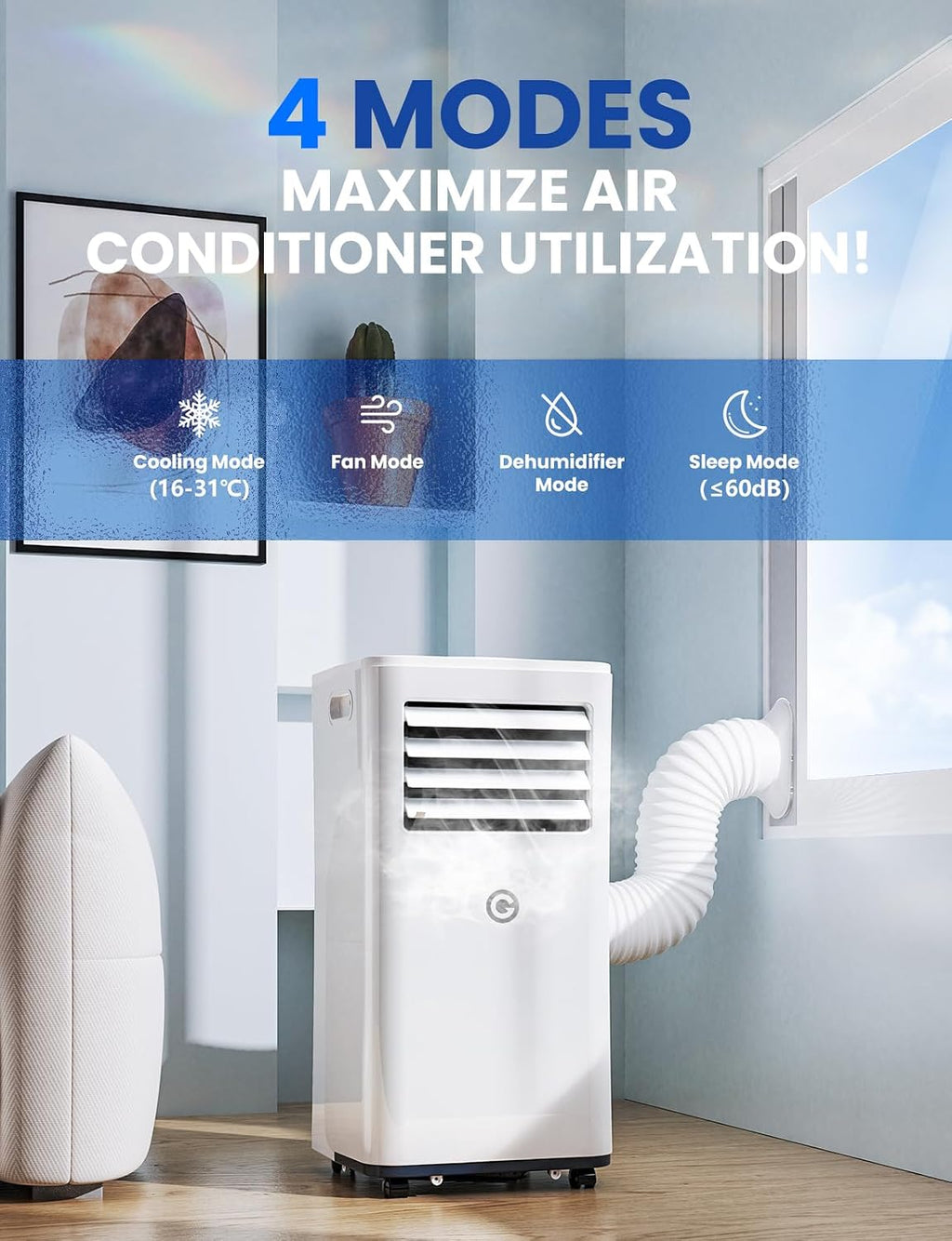9000 BTU Aire Acondicionado Portátil, 4 en 1: Refrigeración, Ventilador, Deshumidificador y Modo Sueño, Silencioso, con Mando, Temporizador 24h y Kit de Ventana, para Dormitorio, Oficina, Garaje, 33㎡