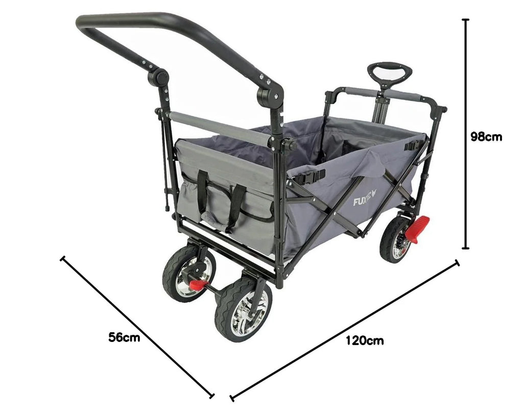 Bollerwagen FUXTEC FX-CT700, Carro Plegable Gris para el Transporte de niños, Ciudad, Campo, Playa o montaña - con Capota Anti-UV, asa de Empuje, Freno de Mano Delantero y Trasero, El Original