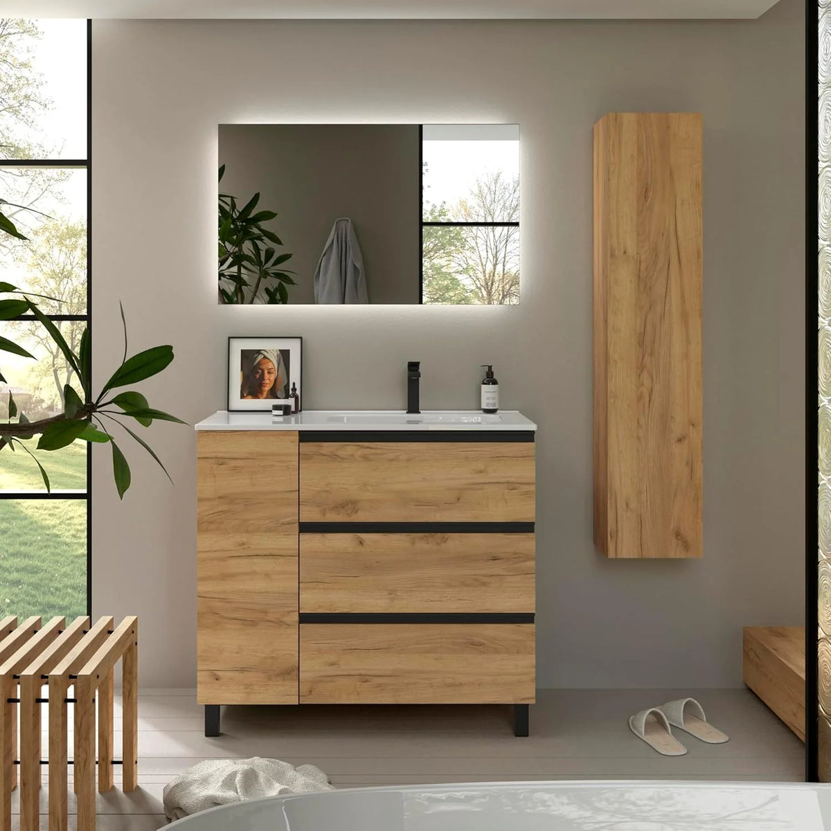 Mueble de Baño BEQUIA Plus Metal 3C 90cm Roble | Lavabo Porcelana Grifo Derecha