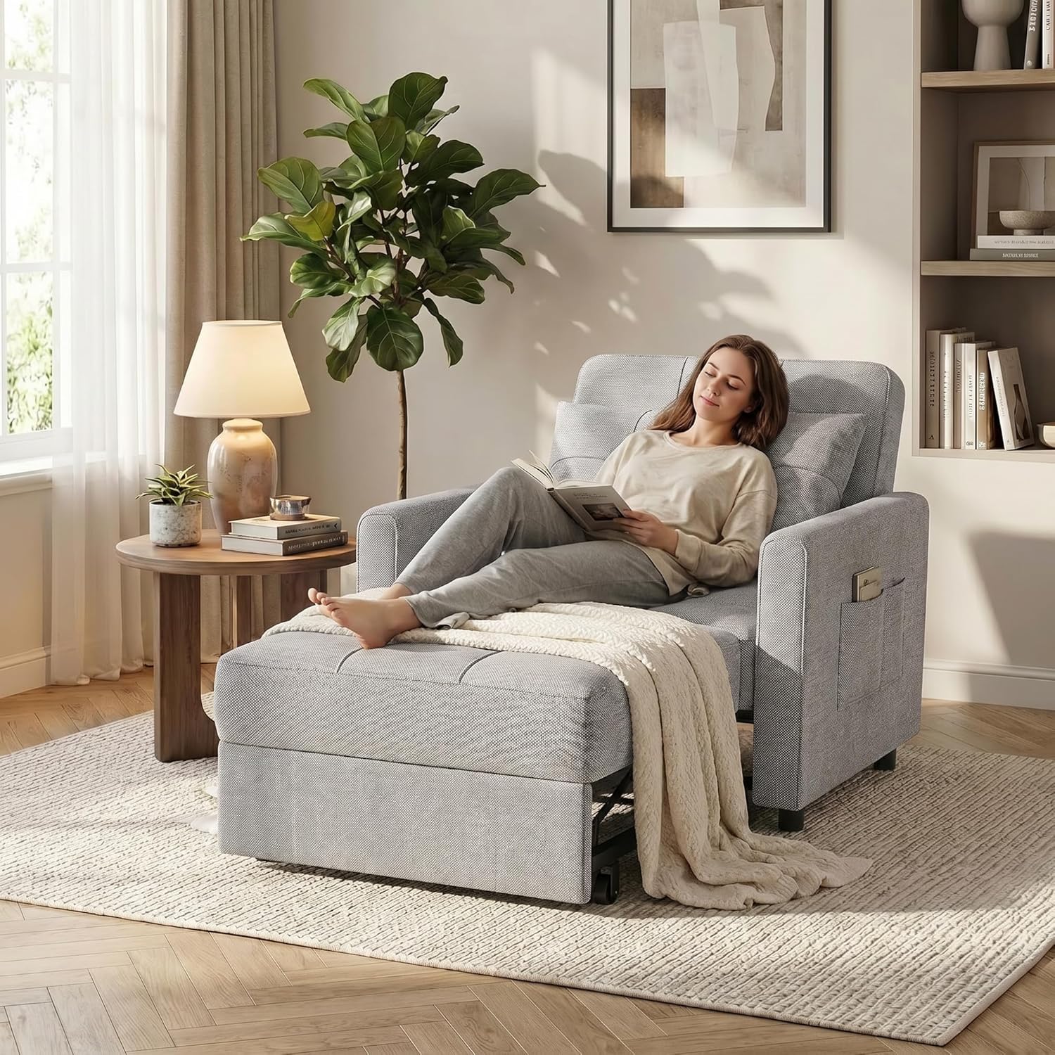 Gizoon Sofá cama 3 en 1 convertible, silla cama individual extraíble con respaldo ajustable, espaciosos sofás multifuncionales para sala de estar, dormitorio, apartamento