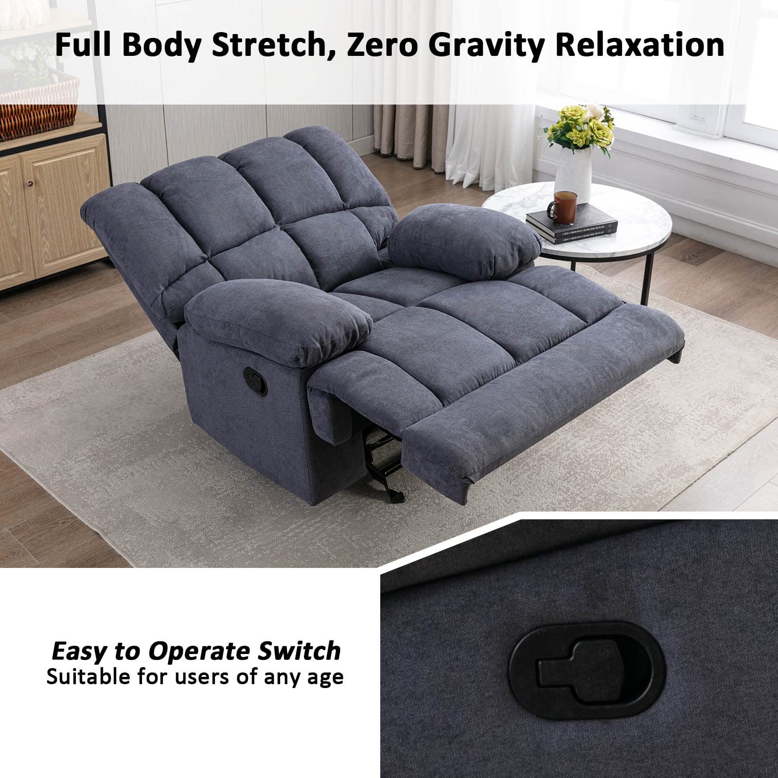 2025 Sillón mecedor sobredimensionado, sillón reclinable manual simple, sillón tapizado acolchonado, sillón mecedor para sala, asiento de teatro talla grande, gris