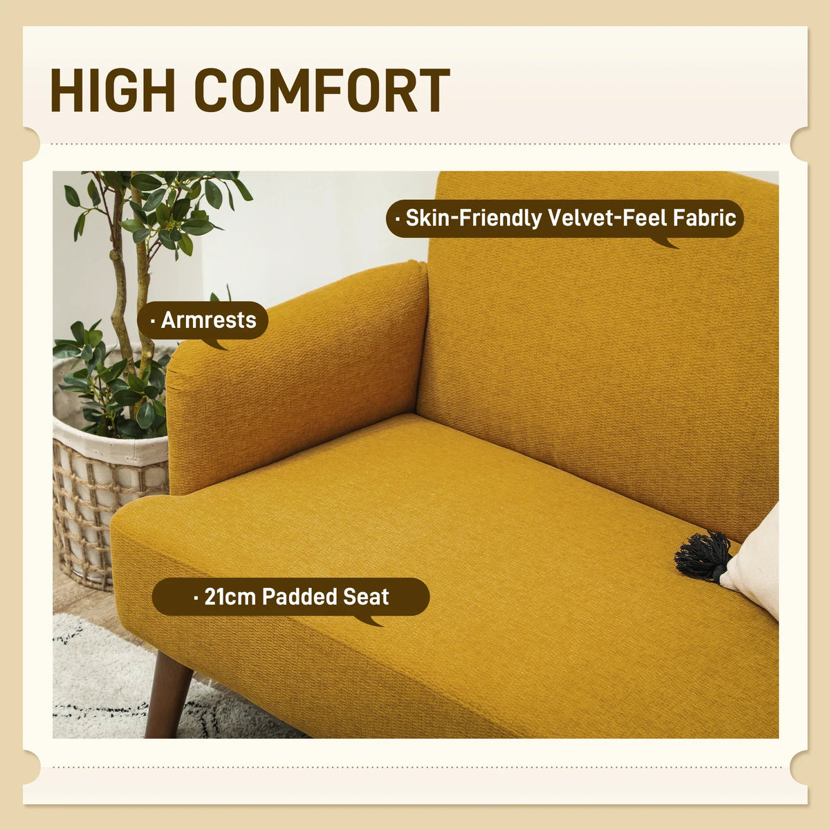 2-Sitzer-Sofa aus Samt, 21 cm dicke Polsterung und Holzbeine, gelb