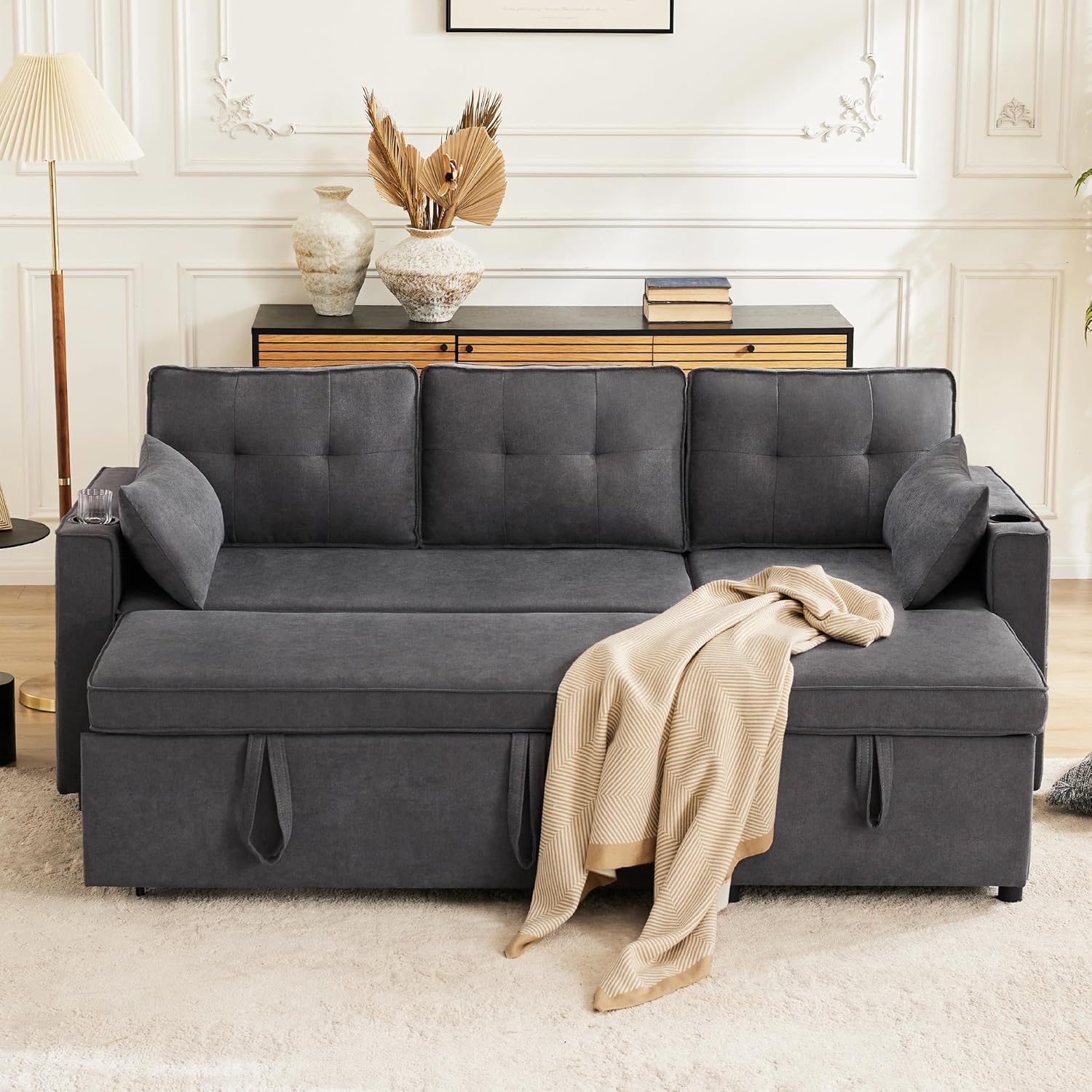 3-Sitzer Schlafsofa mit Getränkehaltern und seitlicher Armlehnentasche, L-förmiges Sofa, rechts und links umbaubar, Grau