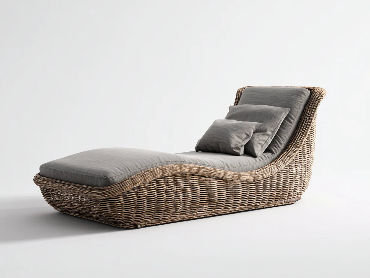 Tumbona de exterior 195x70x85 cm - ratán trenzado y cojín gris - diseño ergonómico para jardín y terraza - estilo natural moderno