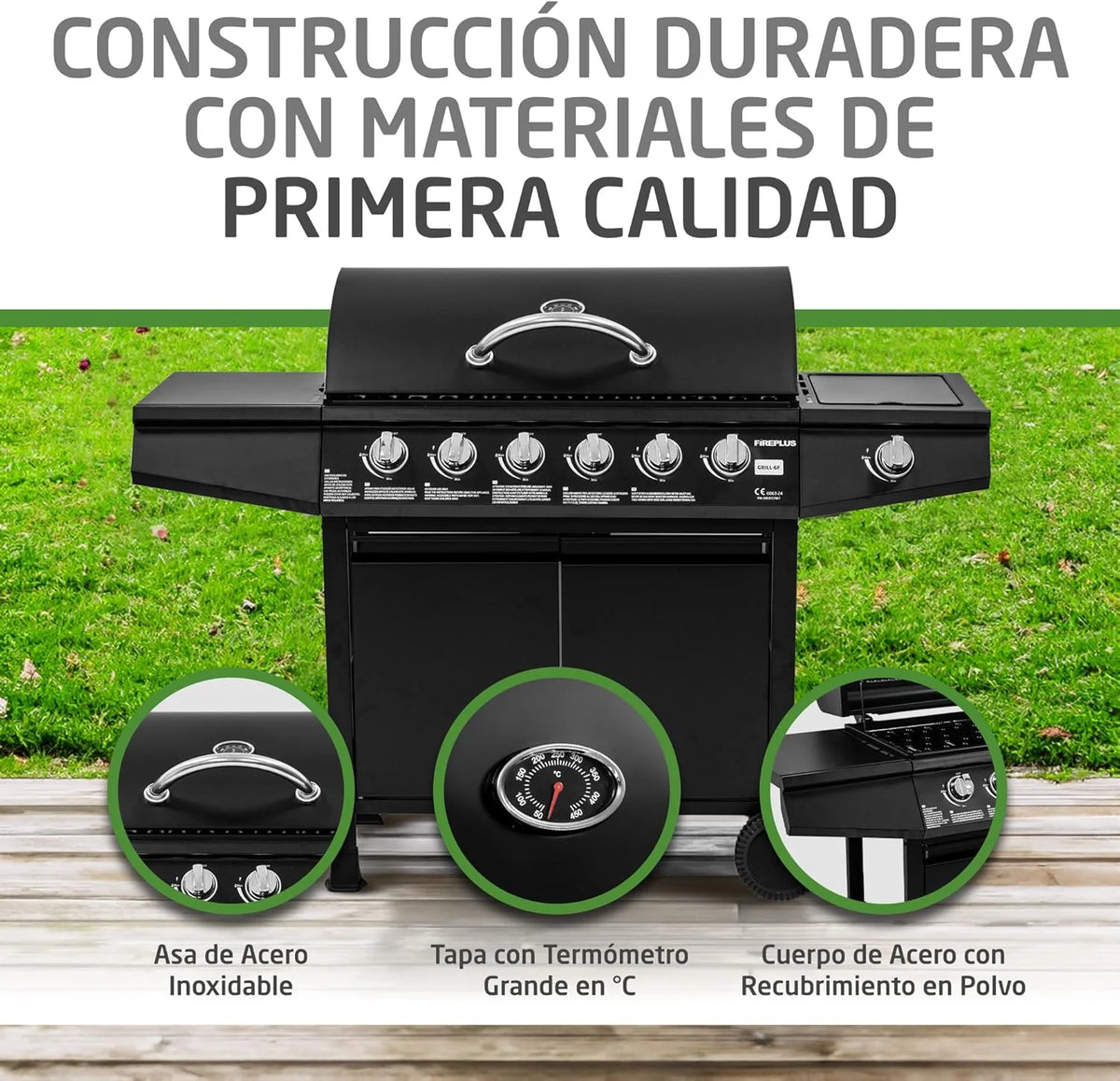 Barbacoa de gas Fireplus 6+1 de 12,9 kW - Acero inoxidable Negro - Parrilla con ruedas Modelo GRILL-6F - Barbacoa XXL con carro y termómetro - 138x52x103 cm - 7 quemadores y Bandeja lateral