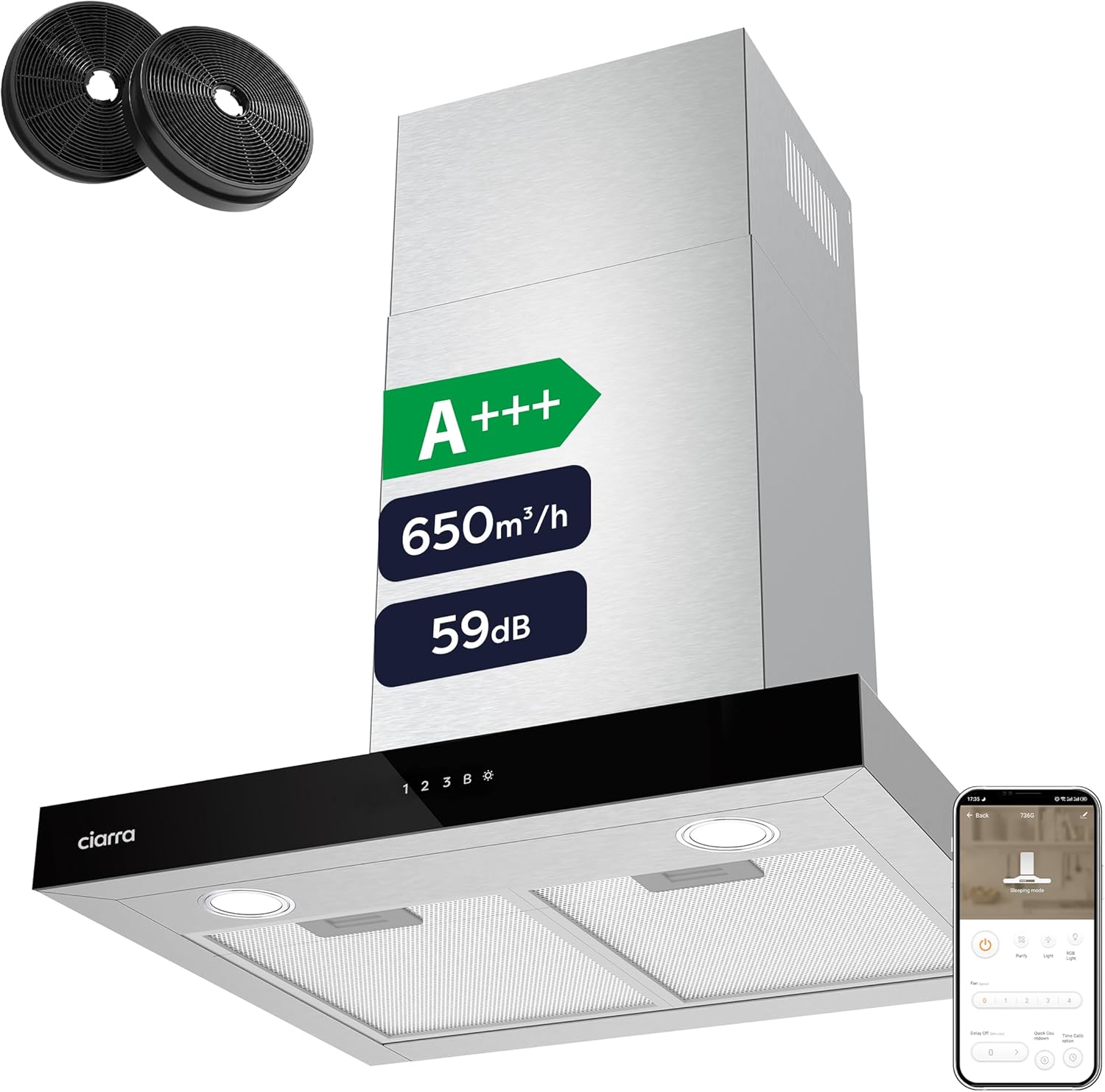 Ciarra CBCS6102 Dunstabzugshaube 60cm 650 m³/h - Touch Control & Wifi - 4 Geschwindigkeiten - Abluft- und Umluftbetrieb mit Aktivkohlefilter CBCF003 - Edelstahl