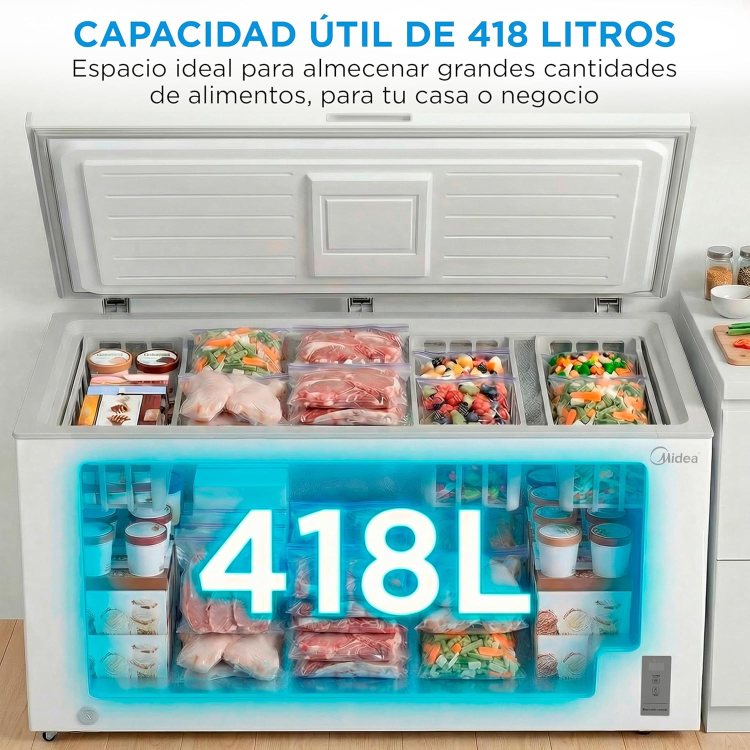 MIDEA Arcon Congelador Pequeño de 418L | Congelador Horizontal Convertible a Frigorífico con Motor Inverter, Control Electrónico de Temperatura, Cestas con Asa | Arcón Silencioso 41 db Bajo Consumo