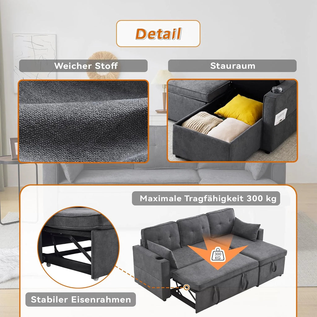 3-Sitzer Schlafsofa mit Getränkehaltern und seitlicher Armlehnentasche, L-förmiges Sofa, rechts und links umbaubar, Grau