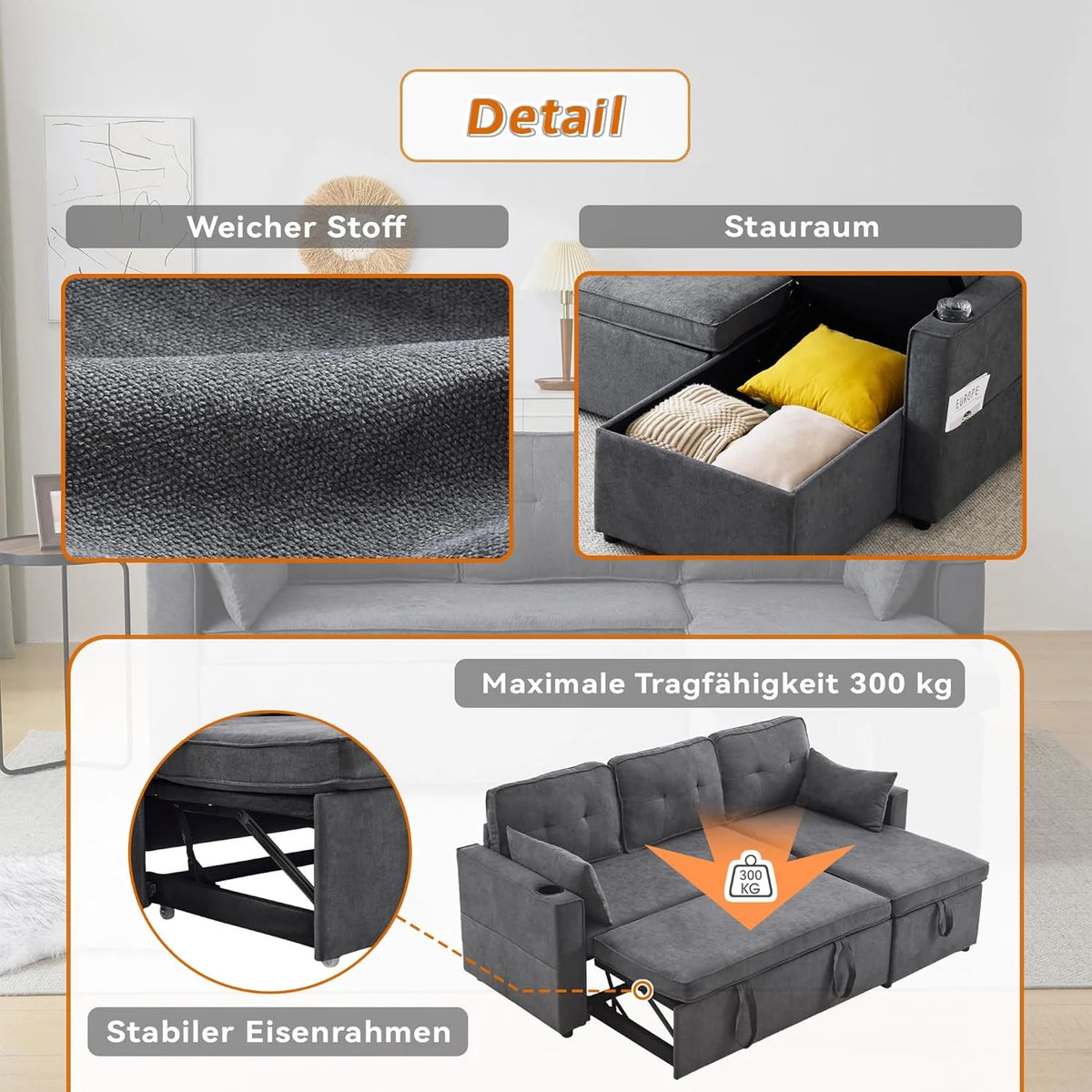 3-Sitzer Schlafsofa mit Getränkehaltern und seitlicher Armlehnentasche, L-förmiges Sofa, rechts und links umbaubar, Grau