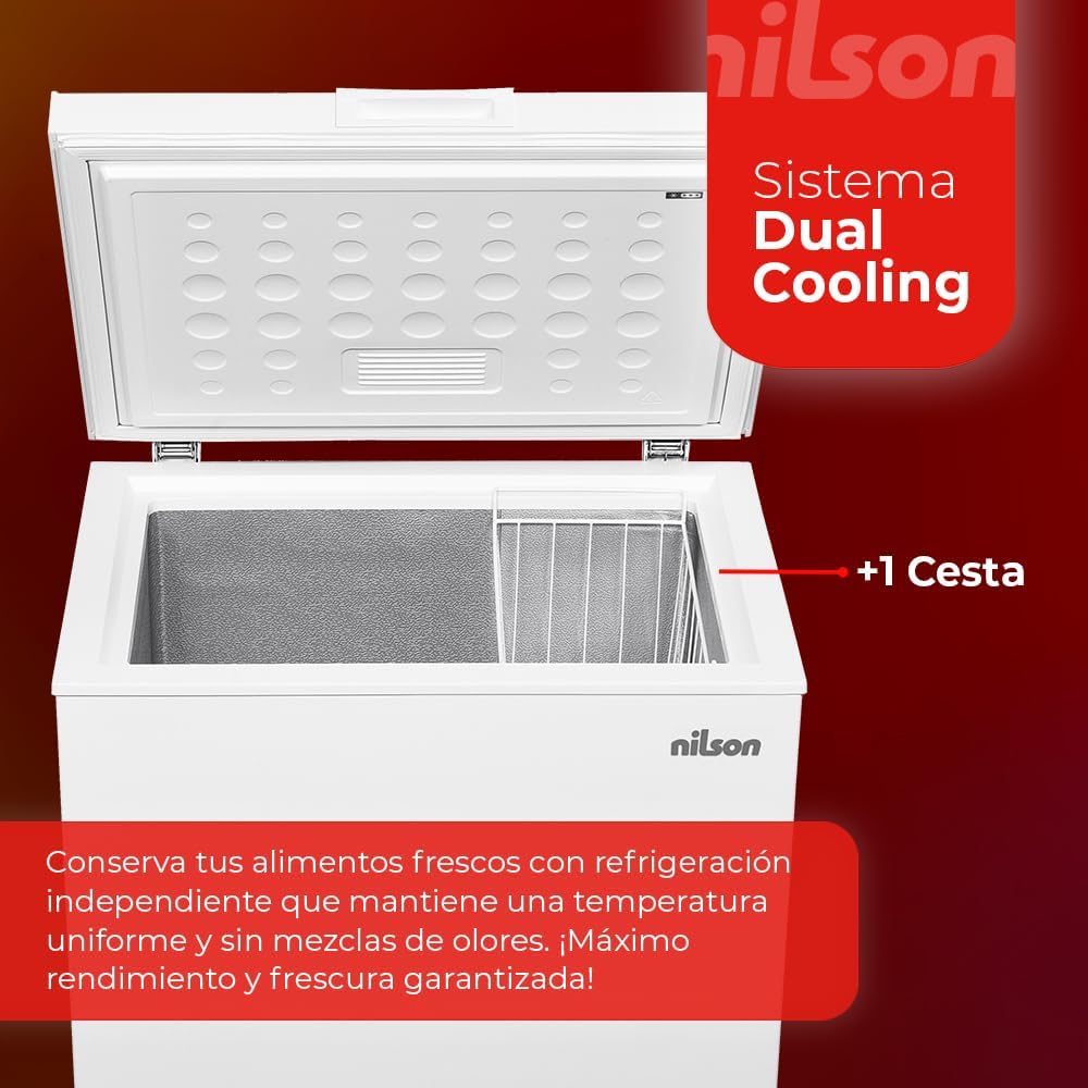 Nilson Gefrierschrank horizontal Weiß NCH1500EDC. Kapazität 142 Liter, Dual Cooling, 4 Sterne, Super-Gefriermodus, Zyklische Technologie, Klapptür, 1 Korb, geräuscharm
