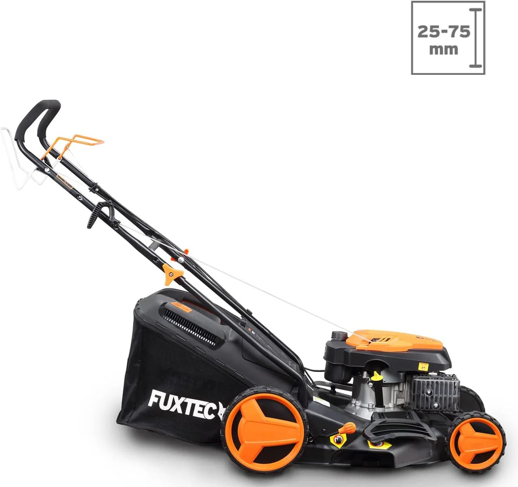 Cortacésped de Gasolina FUXTEC FX-RM4646ECO 46cm de Anchura de Corte - Potente Motor de Gasolina de 146cc Easy Clean 3en1 2,6KW Mulching recogedor de Hierba 50L
