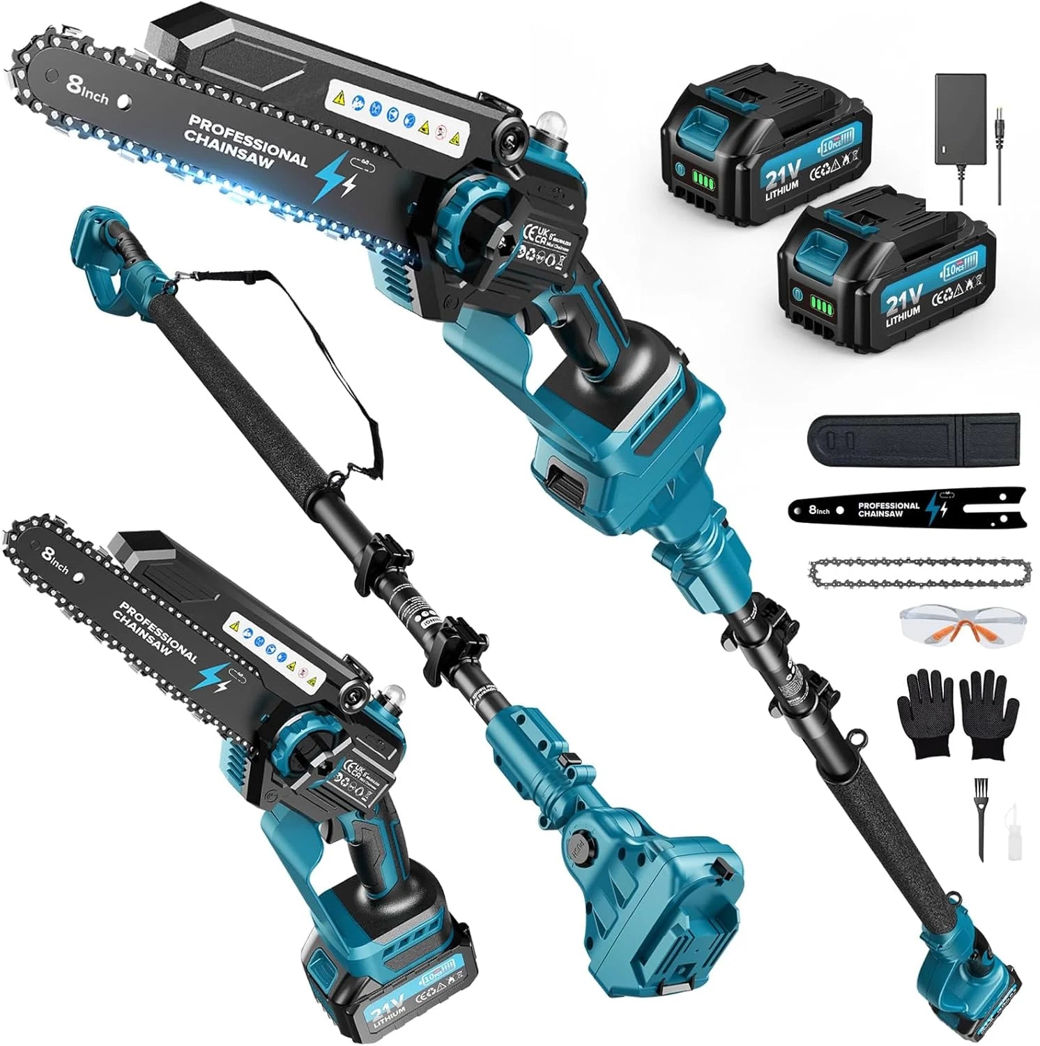 2-in-1 8 Zoll Akku-Mini-Kettensäge und Hochentaster mit 2x 4000mAh Akkus, bürstenlose Kettensäge mit Teleskopstange für den Außenbereich, ausziehbar bis 4M