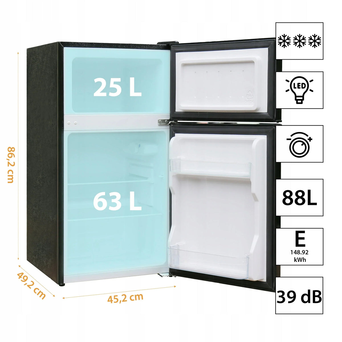 KLEINER KÜHLSCHRANK Minikühlschrank Gefrierfach Hotell Büro Silber LED 88l. 86cm