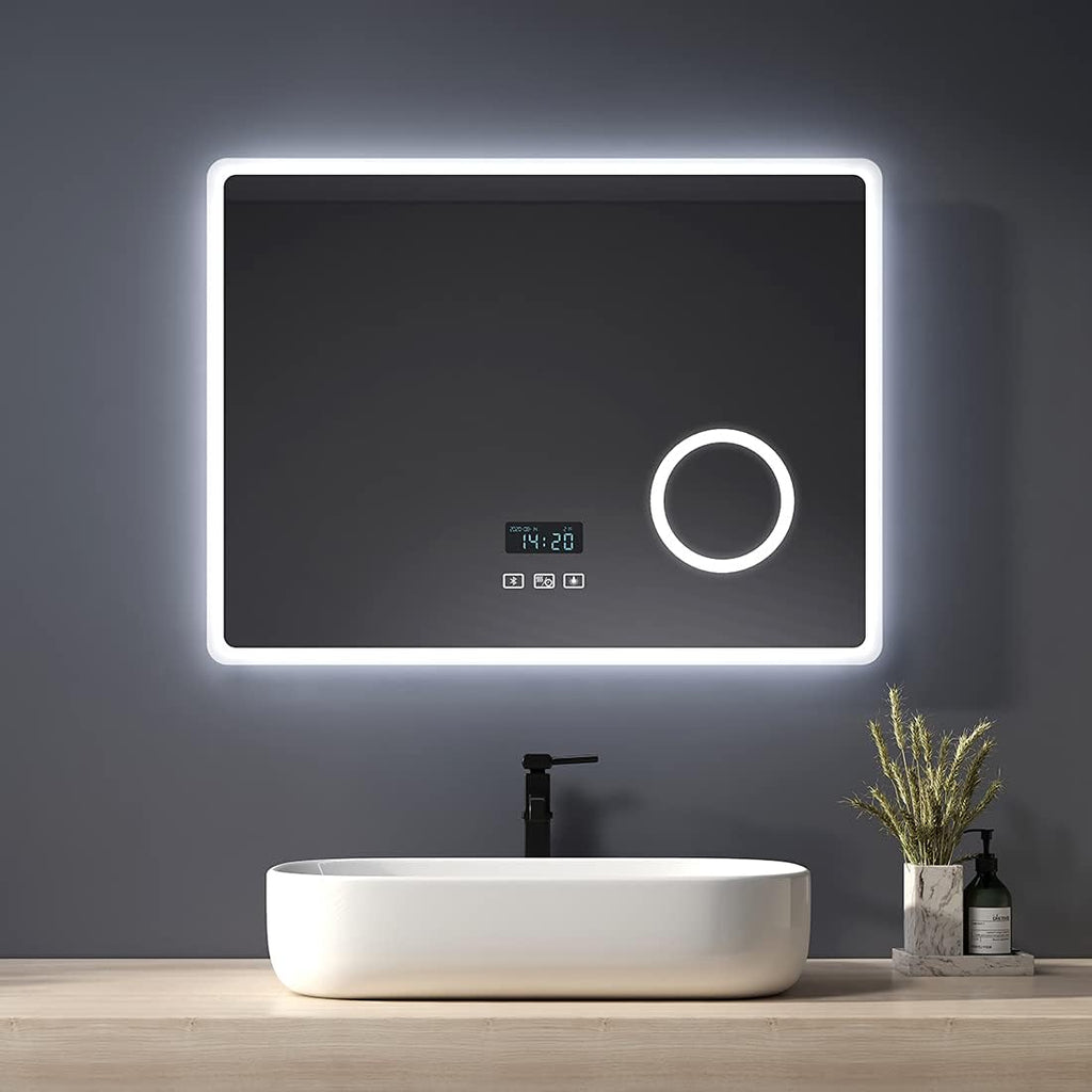 Heilmetz LED Badspiegel mit 3-fach Vergrößerungsspiegel, 80 x 60 cm, mit Touch-Schalter und Antibeschlagfunktion, Uhr und Bluetooth, Dimmbar, Drei Farben, Typ13