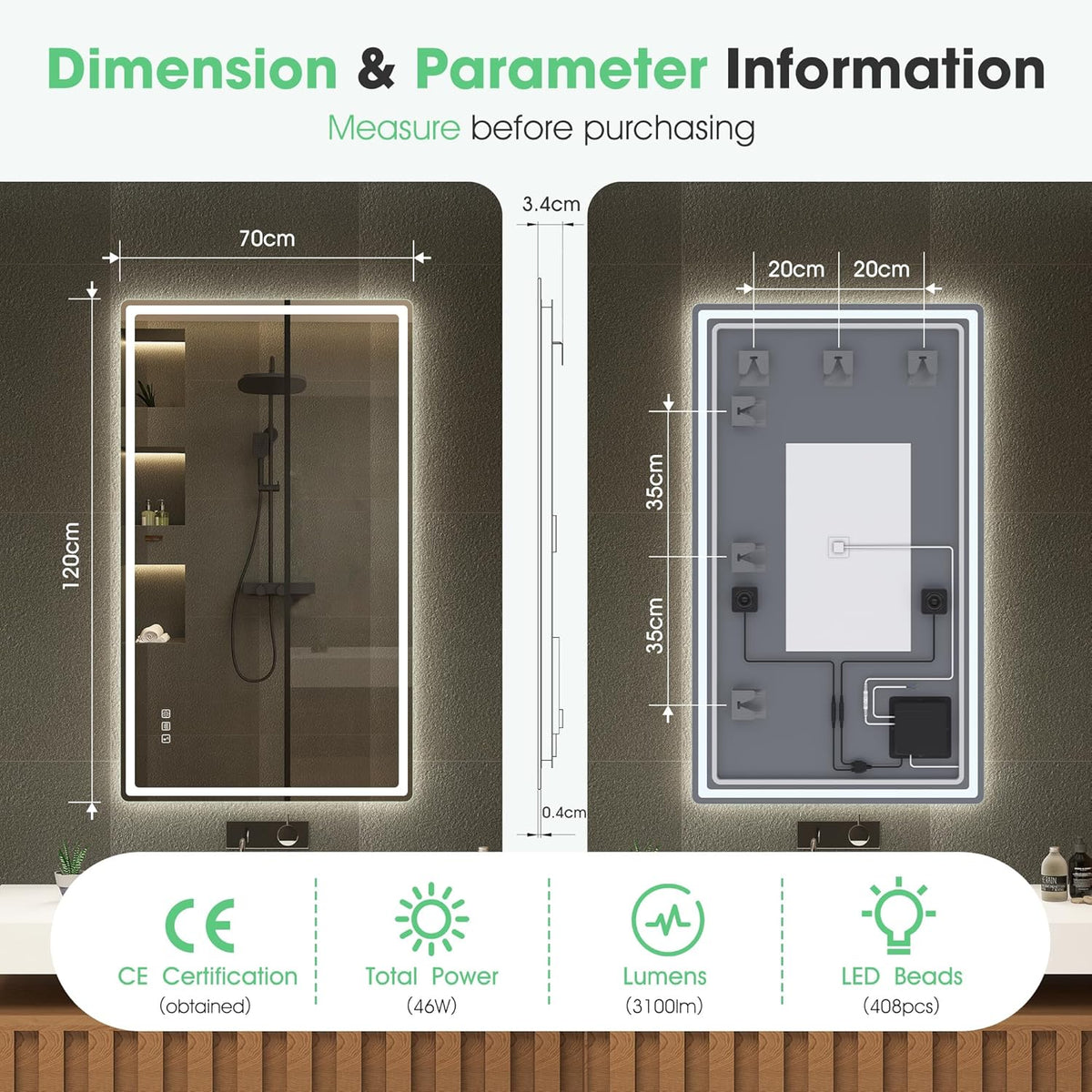S'bagno Badezimmerspiegel mit Beleuchtung 120x70cm, LED-Badezimmerspiegel Bluetooth mit Antibeschlagfunktion, 3000K/4000K/6500K, dimmbar, Memory-Funktion, HD-Hartglas, IP44-LED-Badezimmerspiegel, Horizontal/Vertikal