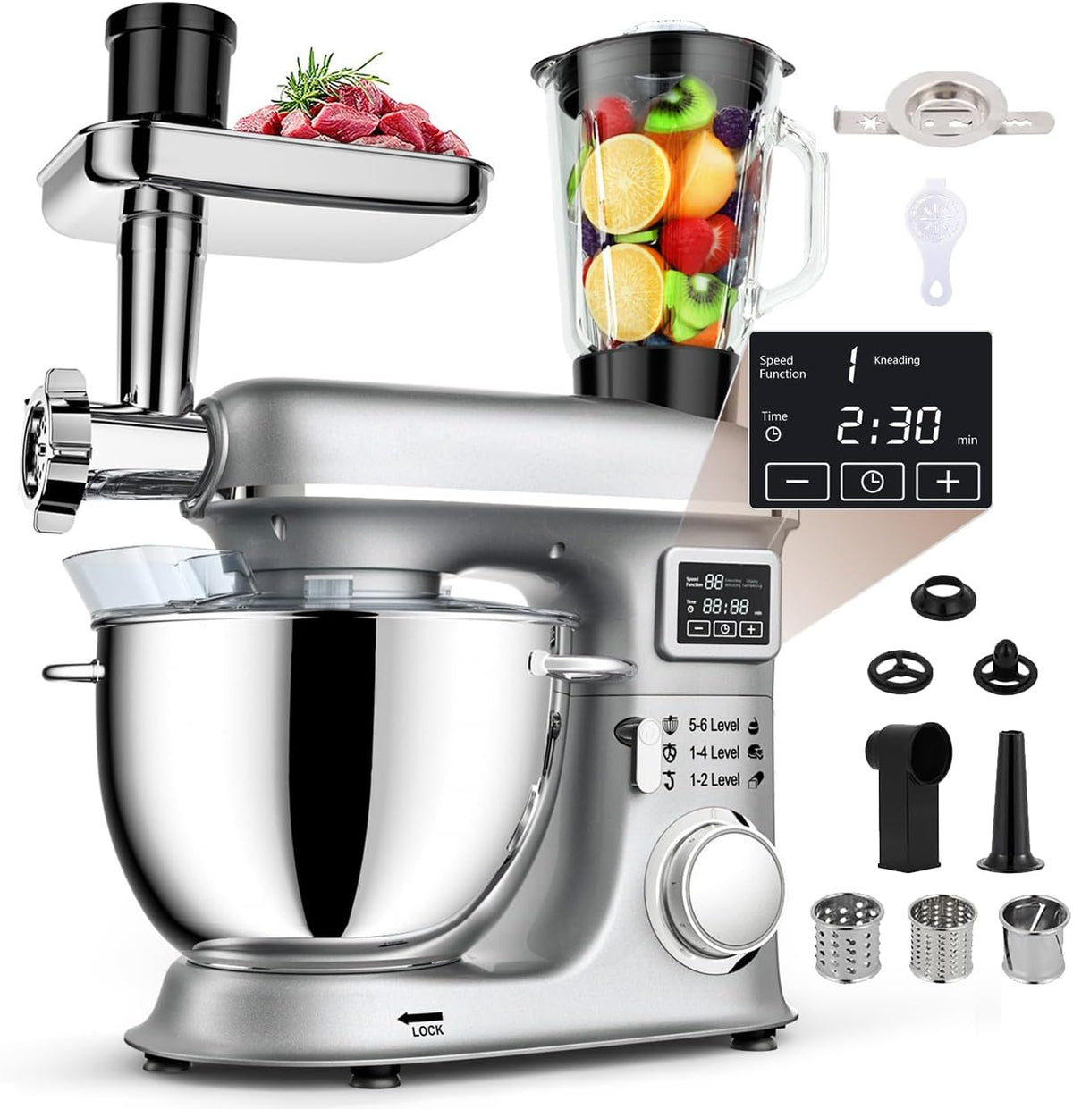 8L Standmixer - Elektrische Küchenmaschine mit LED-Display, 6 Geschwindigkeiten, Kippkopf, Edelstahlschüssel, inkl. Fleischwolf, Knethaken, Schneebesen