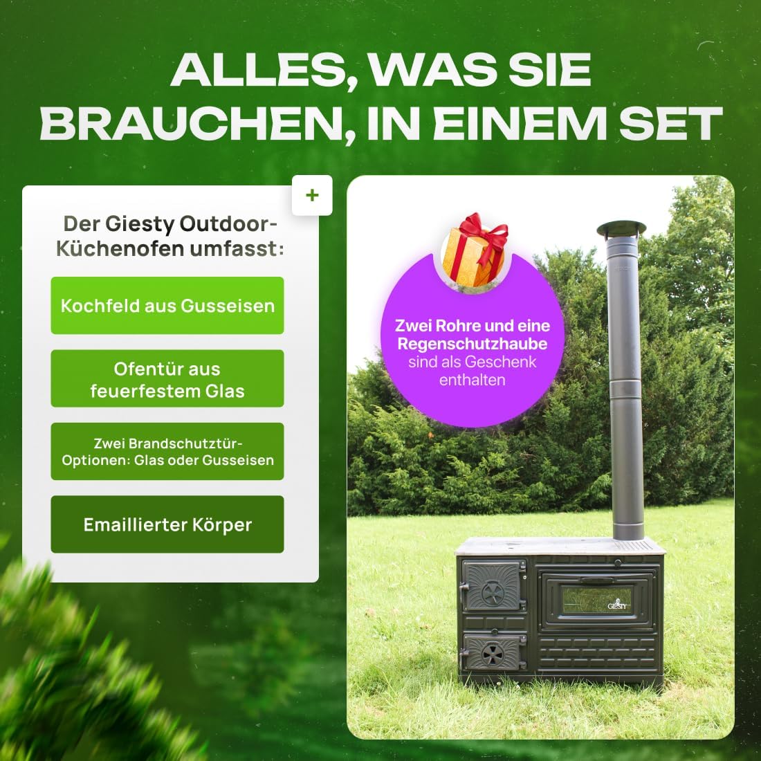 Outdoor-Kocher, Terrassenofen, Outdoor-Küche mit Holz oder Holzkohle, Gartenofen, Outdoor-Küche (Gusseisentür+2 Rohre)