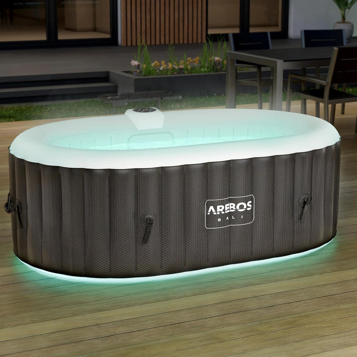 Arebos Nadmuchiwane spa z oświetleniem LED | Nadmuchiwane | Wnętrze i na zewnątrz | 190x120 cm Owal | 2 osoby | 90 dysz masujących | z ogrzewaniem | 550 litrów | Okładka w zestawie | Bąbelkowe Spa