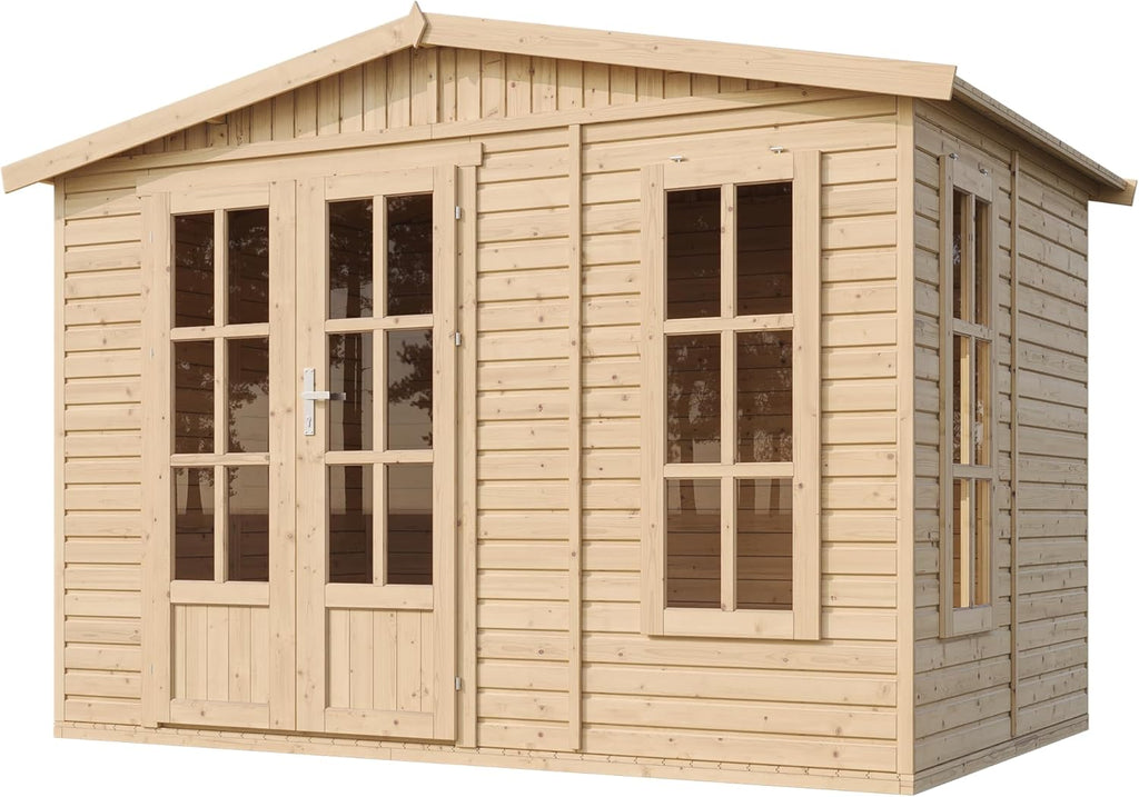 TIMBELA Holz Gartenhaus 6 m2 - Geräteschuppen Garten Außen mit Fußboden, Fenster, Doppeltür - Gartenhütte für Home Office - mit Dachpappe Grün M334FB+H334FBGREEN
