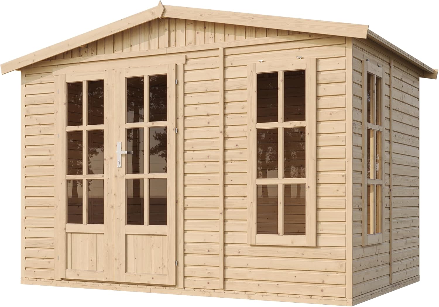 TIMBELA Holz Gartenhaus 6 m2 - Geräteschuppen Garten Außen mit Fußboden, Fenster, Doppeltür - Gartenhütte für Home Office - mit Dachpappe Grün M334FB+H334FBGREEN